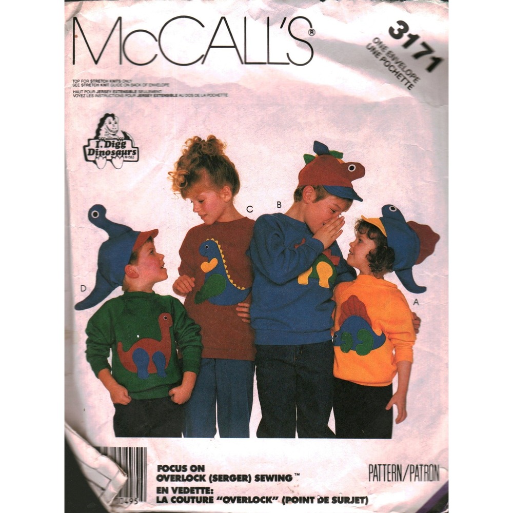 Vintage McCall's 3171 Kids Dinosaur Top Hat Applique Sewing Pattern Size S M L